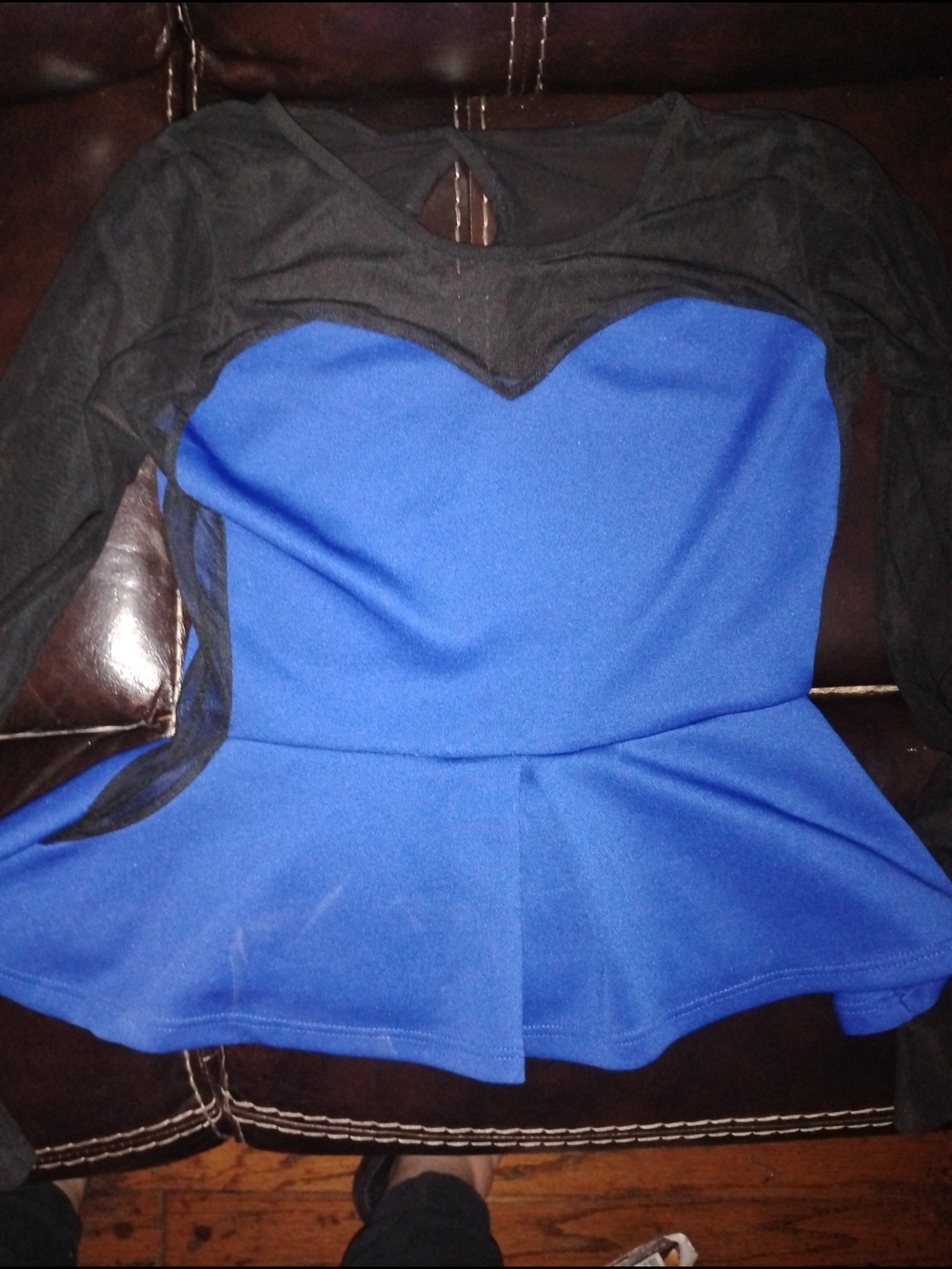 Black Mesh & Royal Blue Peplum Top